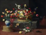 STILL LIFE WITH FLOWERS AND BASKET by circle of Jan van Kessel the Elder, Oil on copper, sold May 2012