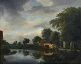 LANDSCAPE WITH A BRIDGE by follower of Jacob van Ruisdael, Oil on canvas, sold May 2012