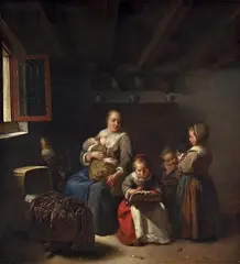 Caspar Netscher, MOTHER WITH CHILDREN, Oil on canvas (relined)