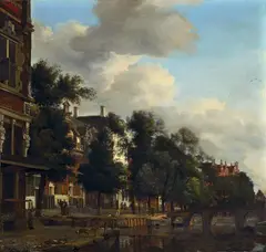 Jan van der Heyden, VIEW OF A GRACHT IN AMSTERDAM, Oil on panel