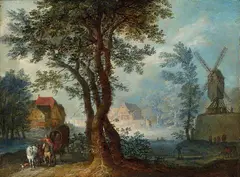 Peeter van Bredael, WIND-MILL AT A VILLAGE, Oil on copper