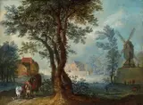 Peeter van Bredael, WIND-MILL AT A VILLAGE, Oil on copper