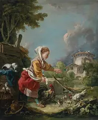 François Boucher, YOUNG GIRL FEEDING CHICKEN, Oil on canvas (relined)