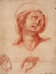 attributed to Abraham Bloemaert, STUDY OF A FEMALE SAINT AND TO STUDIES OF HANDS, red chalk on paper, mounted on laid paper