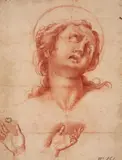 attributed to Abraham Bloemaert, STUDY OF A FEMALE SAINT AND TO STUDIES OF HANDS, red chalk on paper, mounted on laid paper