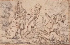 attributed to Charles Parrocel, PUTTI PLAYING, Red and black chalk, mounted on laid paper