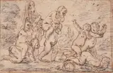 attributed to Charles Parrocel, PUTTI PLAYING, Red and black chalk, mounted on laid paper