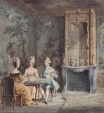 Hermanus Petrus Schouten, THE DRAWINGLESSON, Watercolour on ripped paper