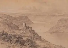 Peter Feldmann, RHINE LANDSCAPE WITH A CAT AND THE LORELEY, Pencil on thin brown paper