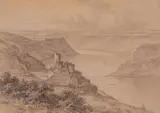 Peter Feldmann, RHINE LANDSCAPE WITH A CAT AND THE LORELEY, Pencil on thin brown paper