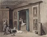 Johann Baptist Sonderland, INTERIOR WITH CHILDREN PLAYING AND CATS, Pen and grey ink and Watercolour on laid paper