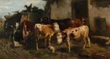 Anton Braith, CATTLE AT A WATERING PLACE, Oil on canvas (relined)