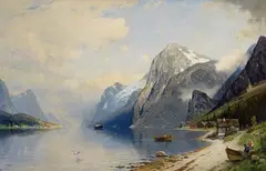 C. Bertold, FJORD LANDSCAPE WITH STEAMSHIP, Oil on canvas