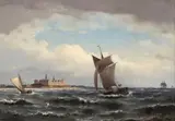 Carl Buntzen, SAILING SHIPS IN FRONT OF KRONBORG CASTLE, Oil on canvas