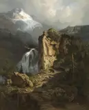 Alexis Daligé de Fontenay, HIGH MOUTAINS WITH BEARHUNTING, Oil on canvas (relined)