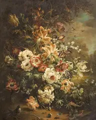 Max Fuhrmann the Elder, FLOWER STILL LIFE WITH A BIRD, Oil on canvas