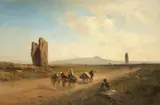 Albert Flamm, LANDSCAPE IN THE CAMPAGNA WITH RUINS AND PEASANTS, Oil on canvas (relined)