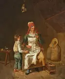 Anna-Geneviève Greuze, MOTHER AND SON FEEDING A CHICK, Oil on canvas