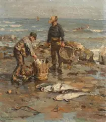 Frederick William Jackson, SCENE AT THE SHORE WITH TWO FISHERMEN, Oil on cardboard