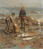 Frederick William Jackson, SCENE AT THE SHORE WITH TWO FISHERMEN, Oil on cardboard