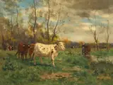 Emile Justin Merlot, LANDSCAPE WITH CATTLE AT A POND, Oil on canvas
