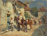 Wilhelm Velten, CAVALRY IN A VILLAGE, Oil on panel