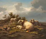 Eugène Verboeckhoven, LANDSCAPE WITH SHEEPS AND HENS
