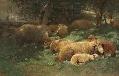 Heinrich von Zügel, RESTING SHEEPS AT THE FOREST EDGE, Oil on canvas