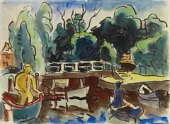 Karl Schmidt-Rottluff, Flußlandschaft mit Brücke: Leba (River Landscape with Bridge: Leba), Watercolour and ink brush on ribbed laid paper