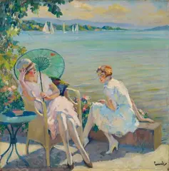 Edward Cucuel, Zwei sitzende Mädchen am Starnberger See (Two Girls sitting at Lake Starnberg), Oil on canvas