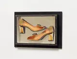 Arman, Construction of Shoes, 1965, Sliced women's shoe in front of mirrored backing. In wooden object case
