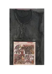 René Bértholo, Untitled (Cinéma de Paris), Oil, lacquer, ink and plaster collaged with wood and t-shirt on canvas