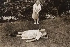 Les Krims, Mrs. Braverman, an early feminist, teeing golf balls in her husband’s mouth, Rochester, New York, Vintage gelatin silver print