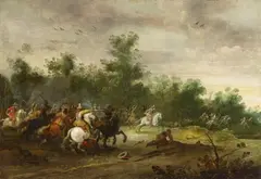 A CAVALRY SKIRMISH by Pieter Meulener, Oil on canvas (relined), sold Nov 2011