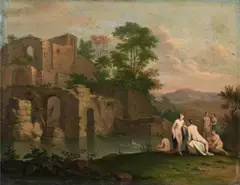SOUTHERN LANDSCAPE WITH RUINS AND BATHING FIGURES by Cornelis van Poelenburgh, Oil on copper, sold Nov 2011
