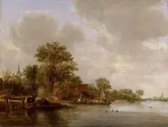 Jan Coelenbier, RIVER LANDSCAPE WITH LOADED FERRY, Oil on panel