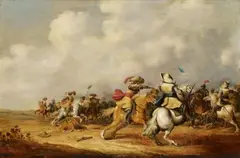Abraham van der Hoef, A CAVALRY SKIRMISH, Oil on panel