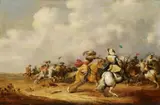 Abraham van der Hoef, A CAVALRY SKIRMISH, Oil on panel