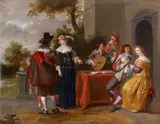 MERRY COMPANY ON A TERRACE by circle of Anthonie Palamedesz, Oil on panel (parquetted), sold Nov 2011