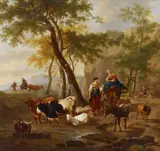 LANDSCAPE WITH SCHEPHERDESSES AND HERD by follower of Nicolaes Berchem, Oil on canvas, sold Nov 2011