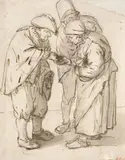Adriaen van Ostade, OLD MAN AND A PAIR OF BEGGARS, Pencil, pen and brush and brown ink on ripped paper