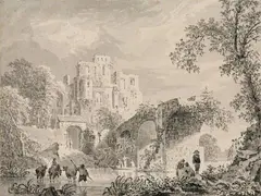 Paulus van Liender, RIVER LANDSCAPE WITH RUINS AND SHEPHERDS, ANGLERS, Pen and grey and black ink on paper