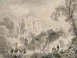 Paulus van Liender, RIVER LANDSCAPE WITH RUINS AND SHEPHERDS, ANGLERS, Pen and grey and black ink on paper