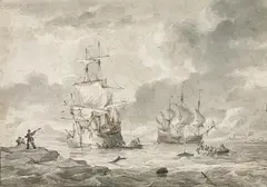 Hendrik Kobell, WHALEHUNTING NEAR THE COAST, Pen and brown and grey ink on ripped paper mounted on cardboard