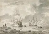 Hendrik Kobell, WHALEHUNTING NEAR THE COAST, Pen and brown and grey ink on ripped paper mounted on cardboard