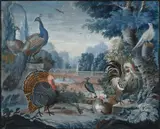 Netherlandish School early 18th century, PARK LANDSCAPE WITH EXOTIC BIRDS, Gouache on paper