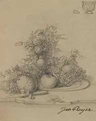 Johann Wilhelm Preyer, STILL LIFE WITH FLOWERS AND FRUITS, Pencil on paper