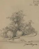 Johann Wilhelm Preyer, STILL LIFE WITH FLOWERS AND FRUITS, Pencil on paper