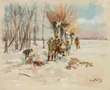 Hugo Mühlig, WINTERLANDSCAPE WITH HUNTSMEN