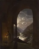 Franz Ludwig Catel, A MONK IN A MONASTRY WITH VIEW ON A BECK IN THE MOONLIGHT, Oil on canvas